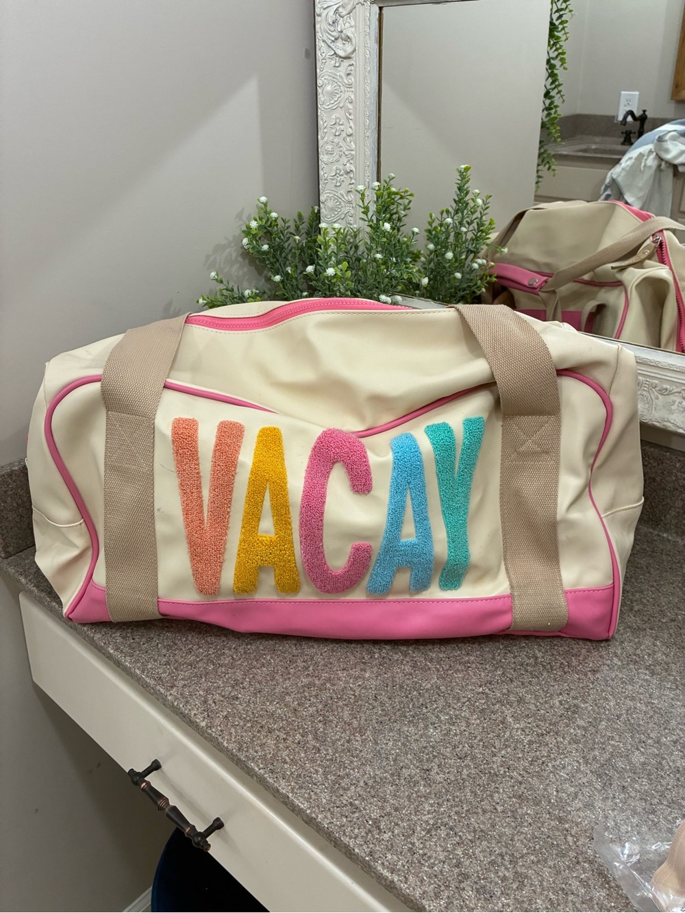 Jadelynn Brooke VACAY Colorblock Travel Duffel Bag - Cream with Pink Trim